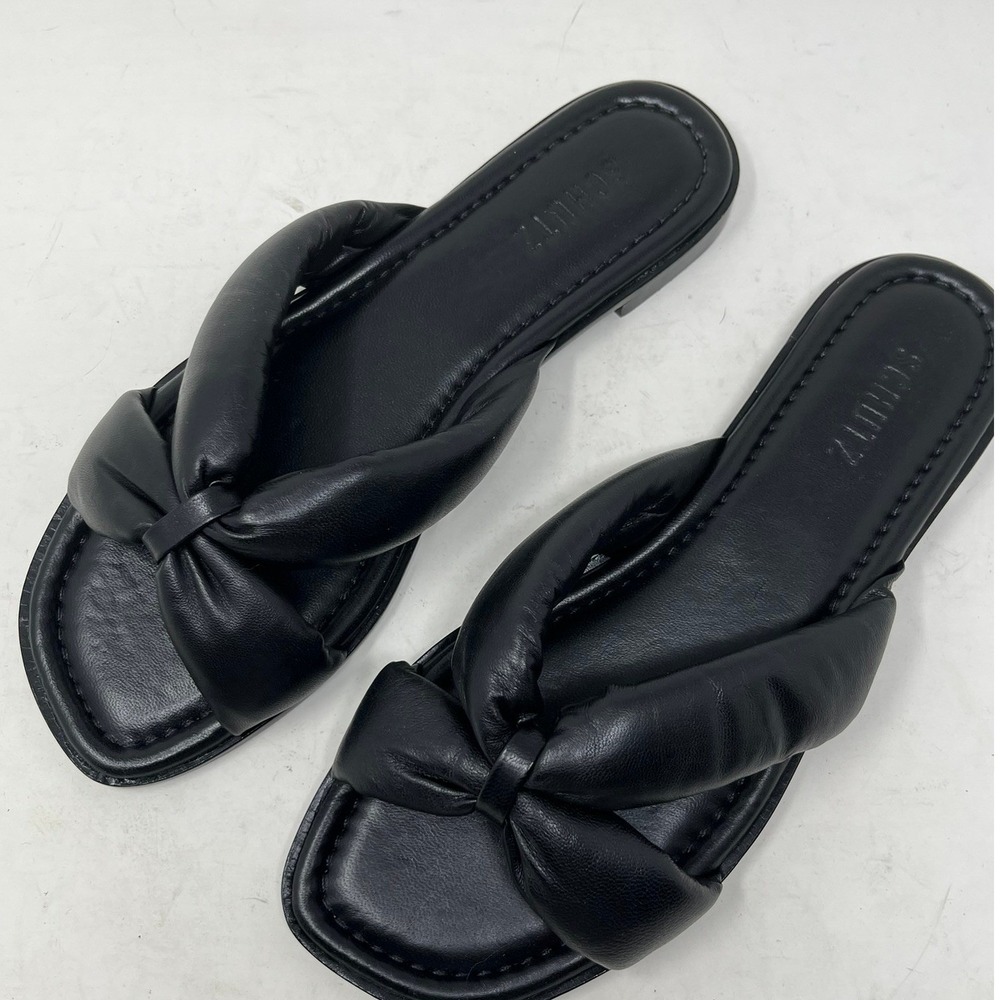 SCHUTZ Fairy Leather Flat Womens 11 Sandals Black Puffy Knot Bow Square Toe